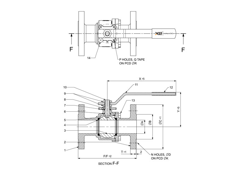 2 PIECE Ball Valve Flanged End 300# Line Diagram