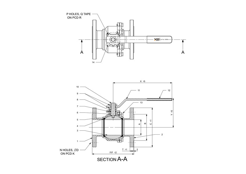 2 PIECE Extended Shaft Ball Valve Line Diagram