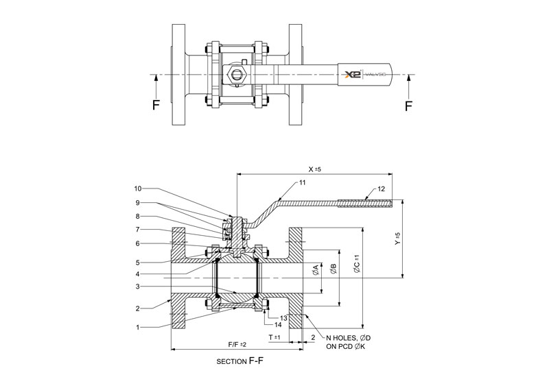 3 PIECE Ball Valve Flanged End 300# Line Diagram