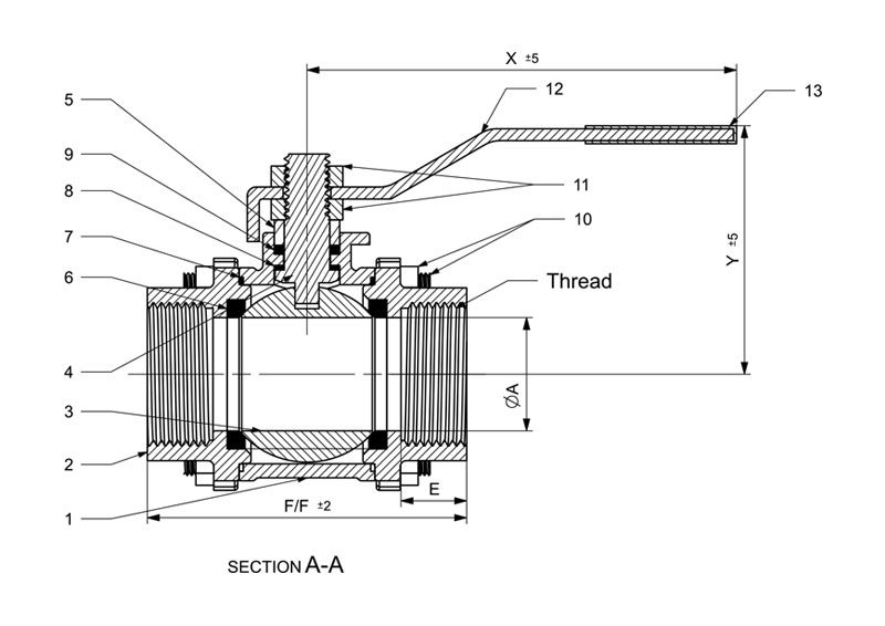 3 Piece Screwed End Ball Valve Line Diagram