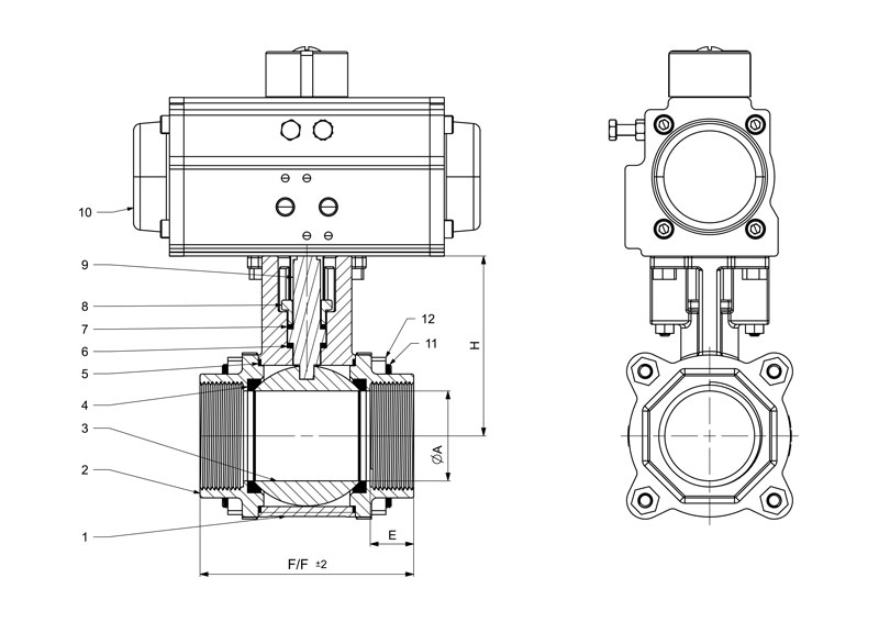 Pneumatic Operated 3 Piece Screwed End Ball Valve Line Diagram